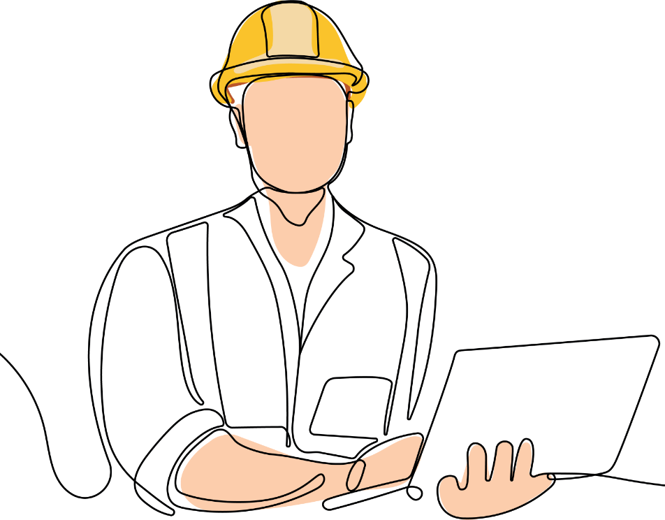 ヘルメットを被り、ノートPCを持つ作業服の男性のイラスト