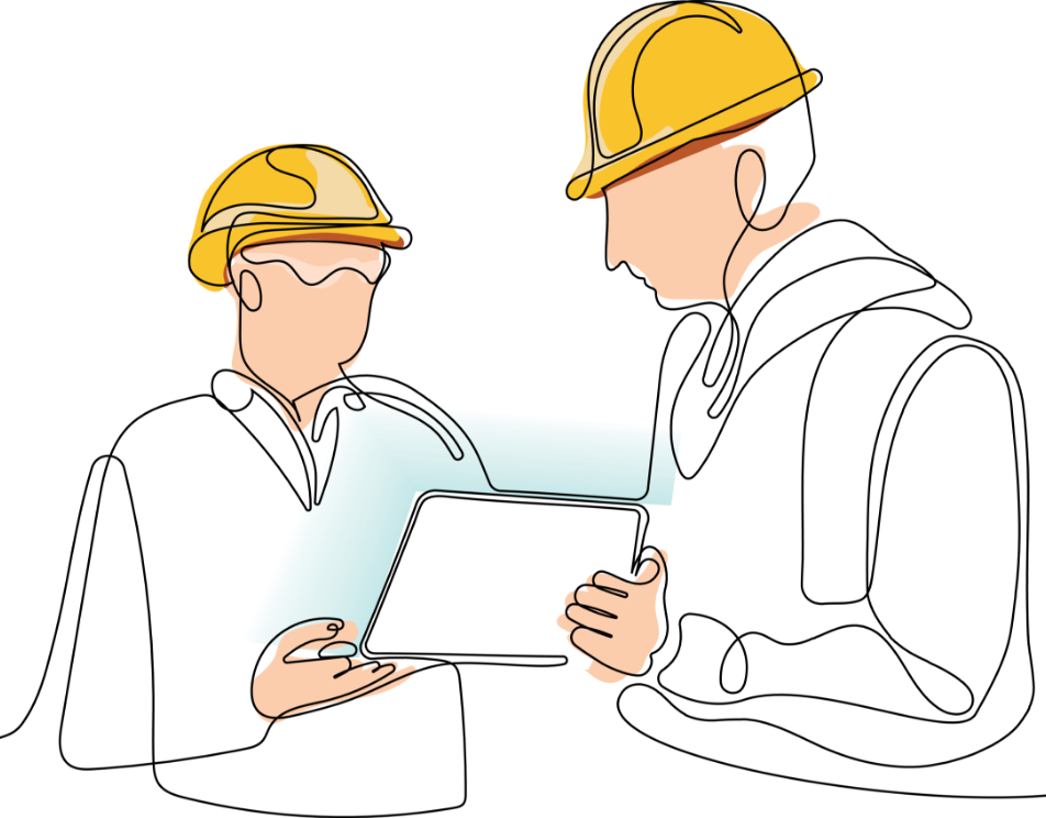 タブレット端末で打ち合わせをする作業服を着た2人の男性のイラスト