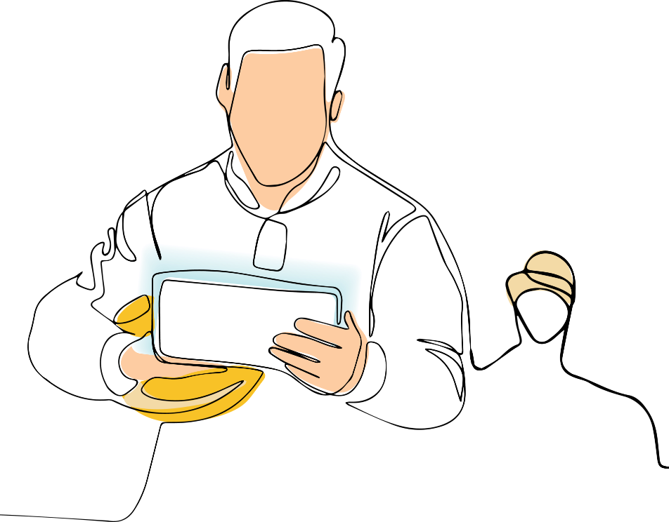 タブレット端末を確認する作業服を着た男性のイラスト。